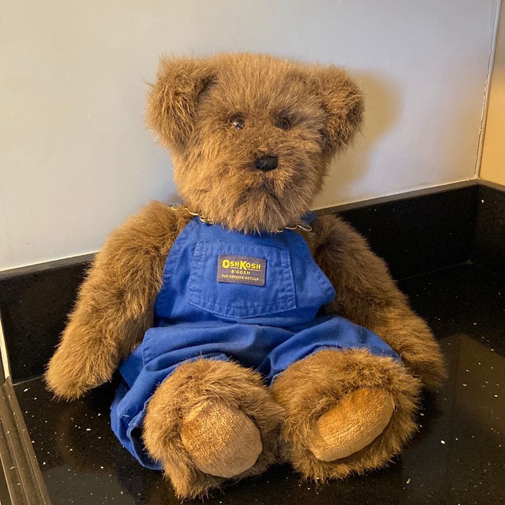BIG Teddy Bear Jointed Wearing Adorable OshKosh Overalls Vintage Country - Picture 1 of 10